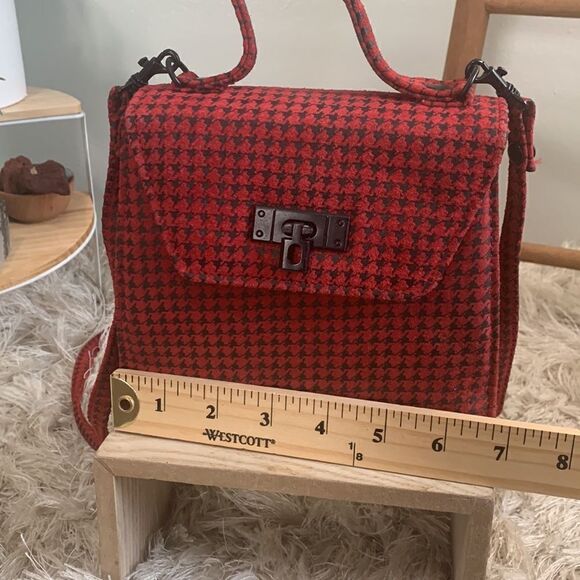 Vintage 80’s Chia Red/Black Leather Houndstooth Crossbody Mini Bag Made In Korea - Picture 17 of 17